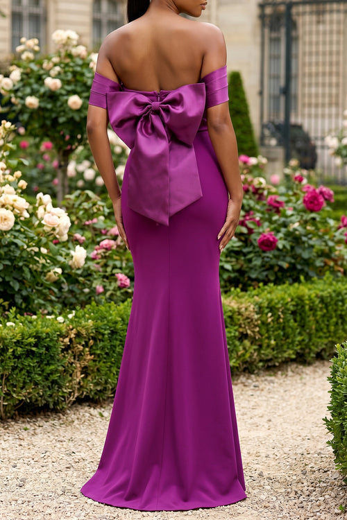 OFF SHOULDER TAFFETA AND CREPE MIX MERMAID DRESS WITH REMOVABLE BOW (PLUM)