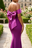 OFF SHOULDER TAFFETA AND CREPE MIX MERMAID DRESS WITH REMOVABLE BOW (PLUM)