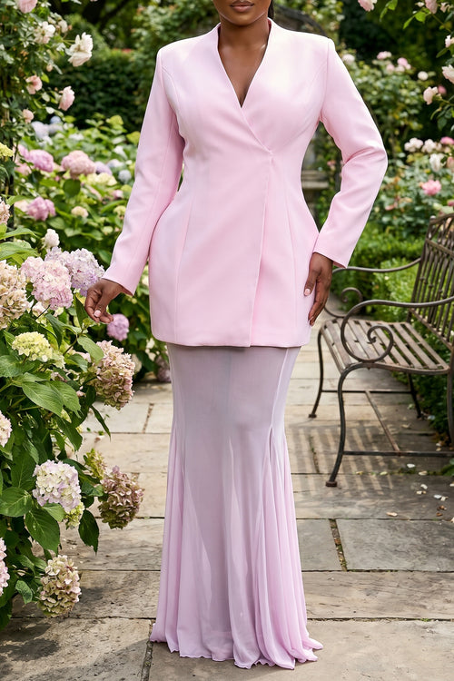 LONG SLEEVES STRUCTURED BLAZER AND MESH MAXI SKIRT SET (LIGHT PINK)