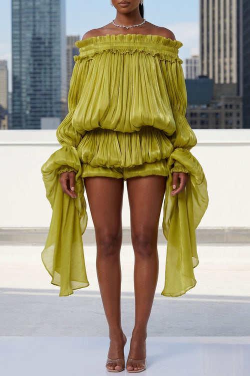 DRAMA BALLOON SLEEVES RUCH MINI DRESS AND SHORT SET (CHARTREUSE)