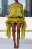 DRAMA BALLOON SLEEVES RUCH MINI DRESS AND SHORT SET (CHARTREUSE)