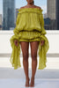 DRAMA BALLOON SLEEVES RUCH MINI DRESS AND SHORT SET (CHARTREUSE)