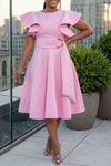 COCKTAIL RUFFLE SLEEVES MIDI DRESS WITH GOLD BUCKLE ACCENT (SOFT PINK)