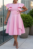 COCKTAIL RUFFLE SLEEVES MIDI DRESS WITH GOLD BUCKLE ACCENT (SOFT PINK)