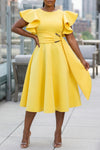 COCKTAIL RUFFLE SLEEVES MIDI DRESS WITH GOLD BUCKLE ACCENT (BUTTER YELLOW)