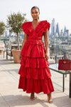 V-NECK BUTTERFLY SLEEVES TIERED RUFFLES MAXI DRESS (RED)