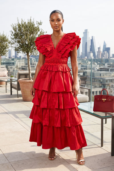 V-NECK BUTTERFLY SLEEVES TIERED RUFFLES MAXI DRESS (RED)