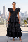 V-NECK BUTTERFLY SLEEVES TIERED RUFFLES MAXI DRESS (BLACK)