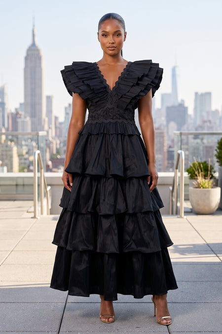 V-NECK BUTTERFLY SLEEVES TIERED RUFFLES MAXI DRESS (RED)