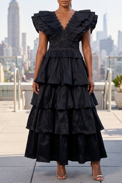 V-NECK BUTTERFLY SLEEVES TIERED RUFFLES MAXI DRESS (BLACK)