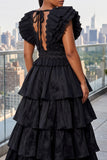 V-NECK BUTTERFLY SLEEVES TIERED RUFFLES MAXI DRESS (BLACK)