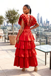 V-NECK BUTTERFLY SLEEVES TIERED RUFFLES MAXI DRESS (RED)