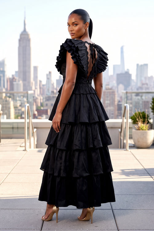V-NECK BUTTERFLY SLEEVES TIERED RUFFLES MAXI DRESS (BLACK)