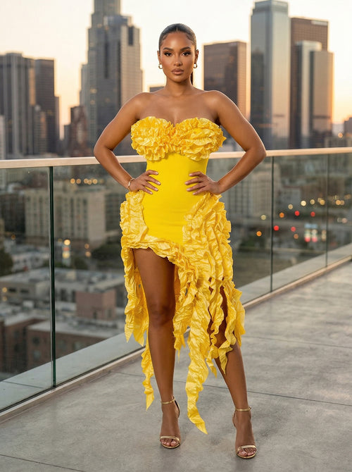 BANDAGE BODYCON RUFFLE BUSTIER DRESS (LAVENDER)