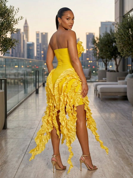 BANDAGE BODYCON RUFFLE BUSTIER DRESS (LAVENDER)