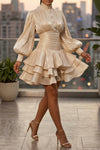 HIGH NECK CINCHED RUFFLED HEM MINI DRESS (NUDE)