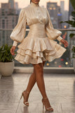 HIGH NECK CINCHED RUFFLED HEM MINI DRESS (NUDE)
