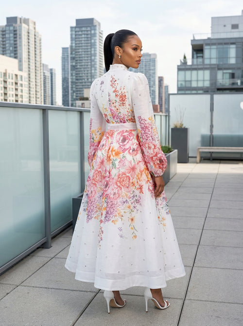 RHINESTONE EMBELLISHED LONG SLEEVES PRINT WOVEN MAXI DRESS (WHITE)