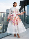 RHINESTONE EMBELLISHED LONG SLEEVES PRINT WOVEN MAXI DRESS (WHITE)