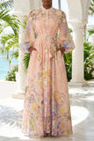 3D FLORAL PRINT TIE WAIST PUFF SLEEVES MAXI DRESS