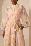 3D FLORAL PRINT TIE WAIST PUFF SLEEVES MAXI DRESS