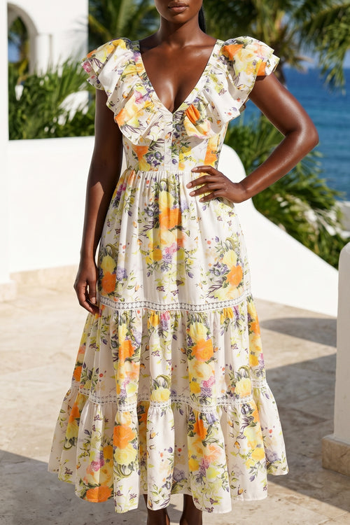 ROMANTIC FLORAL PRINT COTTON RUFFLED FLUTTER SLEEVES DRESS