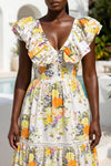 ROMANTIC FLORAL PRINT COTTON RUFFLED FLUTTER SLEEVES DRESS