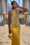 FRINGED HIGH-NECK BANDAGE TOP AND SATIN SKIRT SET (GOLD)