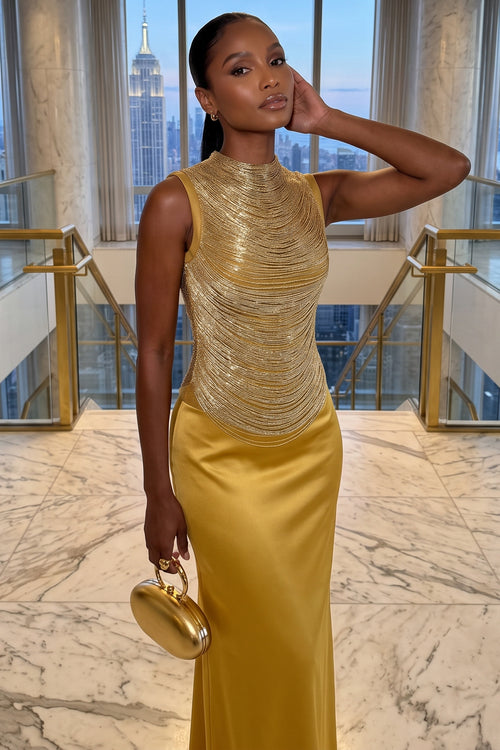 FRINGED HIGH-NECK BANDAGE TOP AND SATIN SKIRT SET (GOLD)