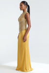 FRINGED HIGH-NECK BANDAGE TOP AND SATIN SKIRT SET (GOLD)
