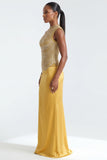 FRINGED HIGH-NECK BANDAGE TOP AND SATIN SKIRT SET (GOLD)