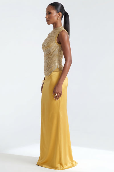 FRINGED HIGH-NECK BANDAGE TOP AND SATIN SKIRT SET (GOLD)