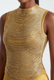FRINGED HIGH-NECK BANDAGE TOP AND SATIN SKIRT SET (GOLD)
