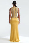FRINGED HIGH-NECK BANDAGE TOP AND SATIN SKIRT SET (GOLD)