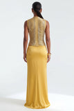 FRINGED HIGH-NECK BANDAGE TOP AND SATIN SKIRT SET (GOLD)