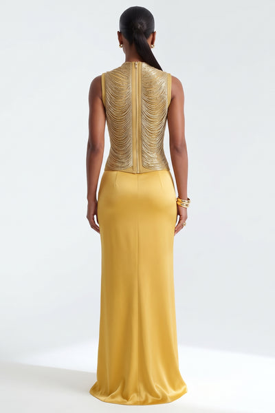 FRINGED HIGH-NECK BANDAGE TOP AND SATIN SKIRT SET (GOLD)