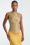 FRINGED HIGH-NECK BANDAGE TOP AND SATIN SKIRT SET (GOLD)