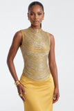 FRINGED HIGH-NECK BANDAGE TOP AND SATIN SKIRT SET (GOLD)