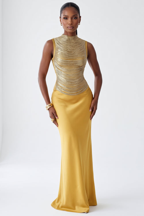 FRINGED HIGH-NECK BANDAGE TOP AND SATIN SKIRT SET (GOLD)
