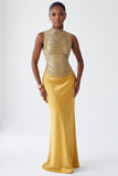 FRINGED HIGH-NECK BANDAGE TOP AND SATIN SKIRT SET (GOLD)