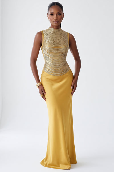 FRINGED HIGH-NECK BANDAGE TOP AND SATIN SKIRT SET (GOLD)