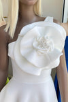 3D FLOWER SINGLE SHOULDER FLARE MIDI DRESS WITH POCKETS (WHITE)