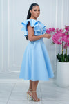COCKTAIL RUFFLE SLEEVES MIDI DRESS WITH GOLD BUCKLE ACCENT (BABY BLUE)