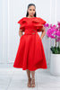COCKTAIL RUFFLE SLEEVES MIDI DRESS WITH GOLD BUCKLE ACCENT (RED)