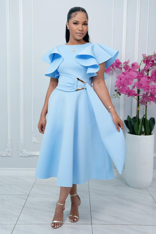 COCKTAIL RUFFLE SLEEVES MIDI DRESS WITH GOLD BUCKLE ACCENT (BABY BLUE)