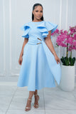 COCKTAIL RUFFLE SLEEVES MIDI DRESS WITH GOLD BUCKLE ACCENT (BABY BLUE)
