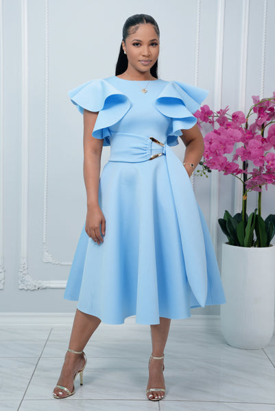 COCKTAIL RUFFLE SLEEVES MIDI DRESS WITH GOLD BUCKLE ACCENT (BABY BLUE)