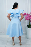COCKTAIL RUFFLE SLEEVES MIDI DRESS WITH GOLD BUCKLE ACCENT (BABY BLUE)