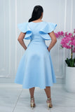 COCKTAIL RUFFLE SLEEVES MIDI DRESS WITH GOLD BUCKLE ACCENT (BABY BLUE)