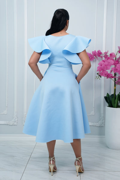 COCKTAIL RUFFLE SLEEVES MIDI DRESS WITH GOLD BUCKLE ACCENT (BABY BLUE)